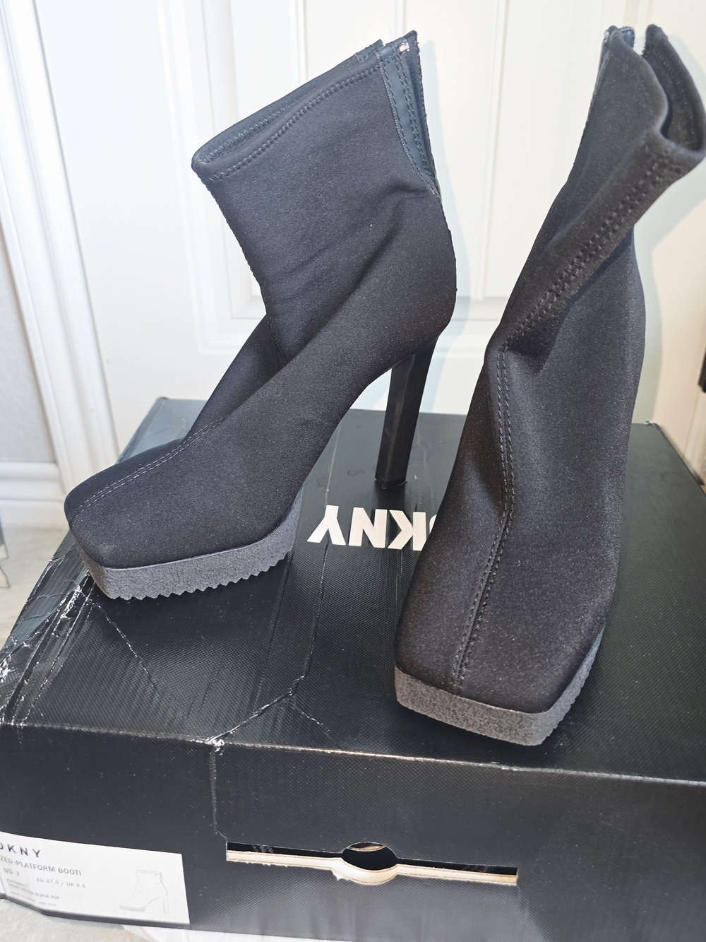DKNY Black Stretch Platform Ankle Booties with Stiletto Heel